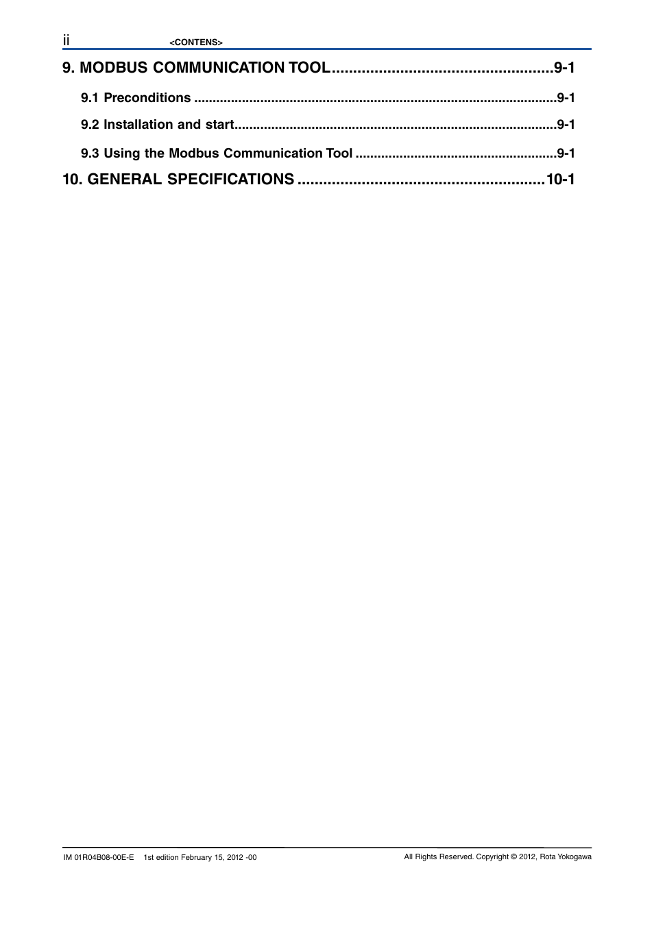 Ii 9. modbus communication tool -1, General specifications -1 | Yokogawa RotaMASS 3-Series User Manual | Page 4 / 76