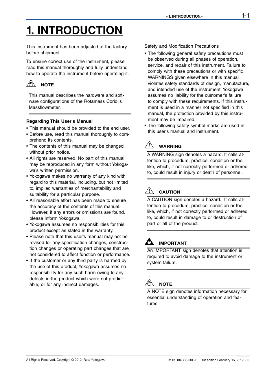 Introduction, Introduction -1 | Yokogawa RotaMASS 3-Series User Manual | Page 5 / 76