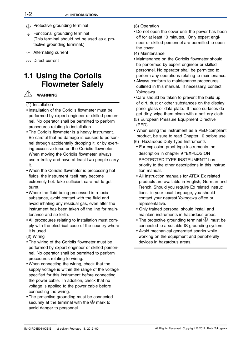 1 using the coriolis flowmeter safely, 1 using the coriolis flowmeter safely -2 | Yokogawa RotaMASS 3-Series User Manual | Page 6 / 76