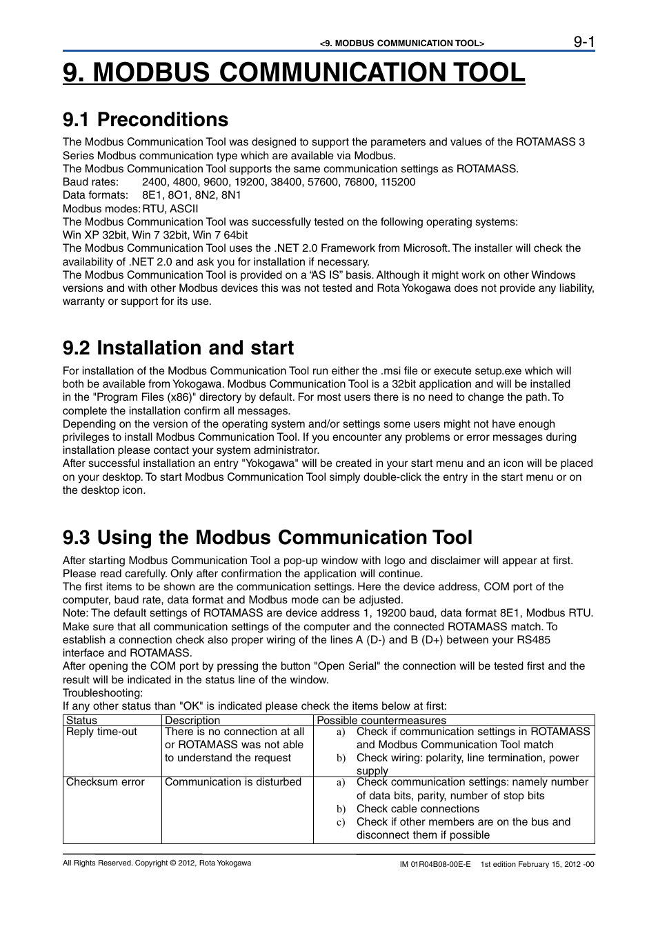 Modbus communication tool, 1 preconditions, 2 installation and start | 3 using the modbus communication tool, Modbus communication tool -1, 1 preconditions -1, 2 installation and start -1, 3 using the modbus communication tool -1 | Yokogawa RotaMASS 3-Series User Manual | Page 67 / 76