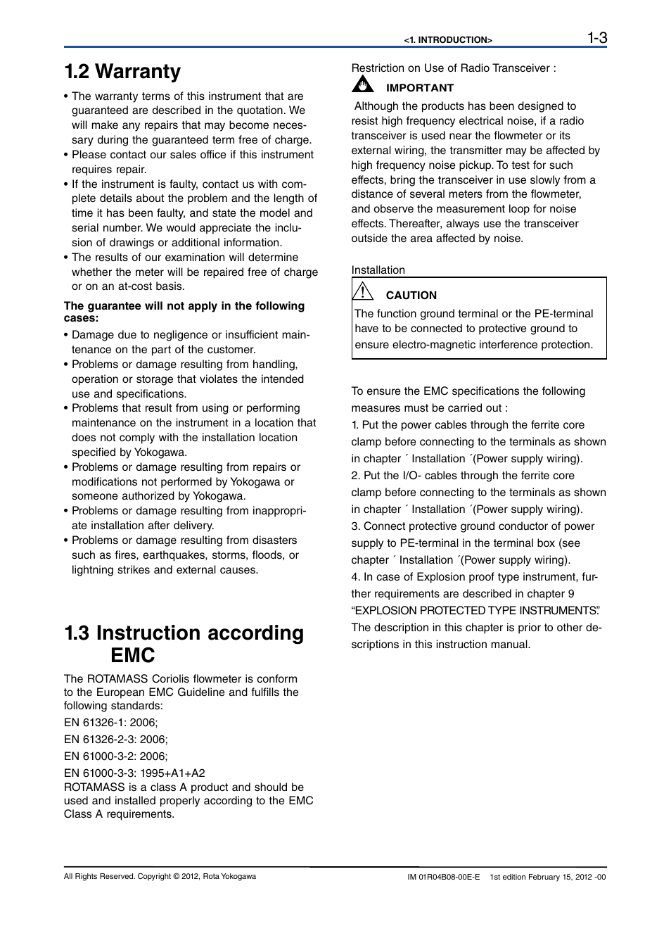 2 warranty, 3 instruction according emc, 2 warranty -3 | 3 instruction according emc -3 | Yokogawa RotaMASS 3-Series User Manual | Page 7 / 76