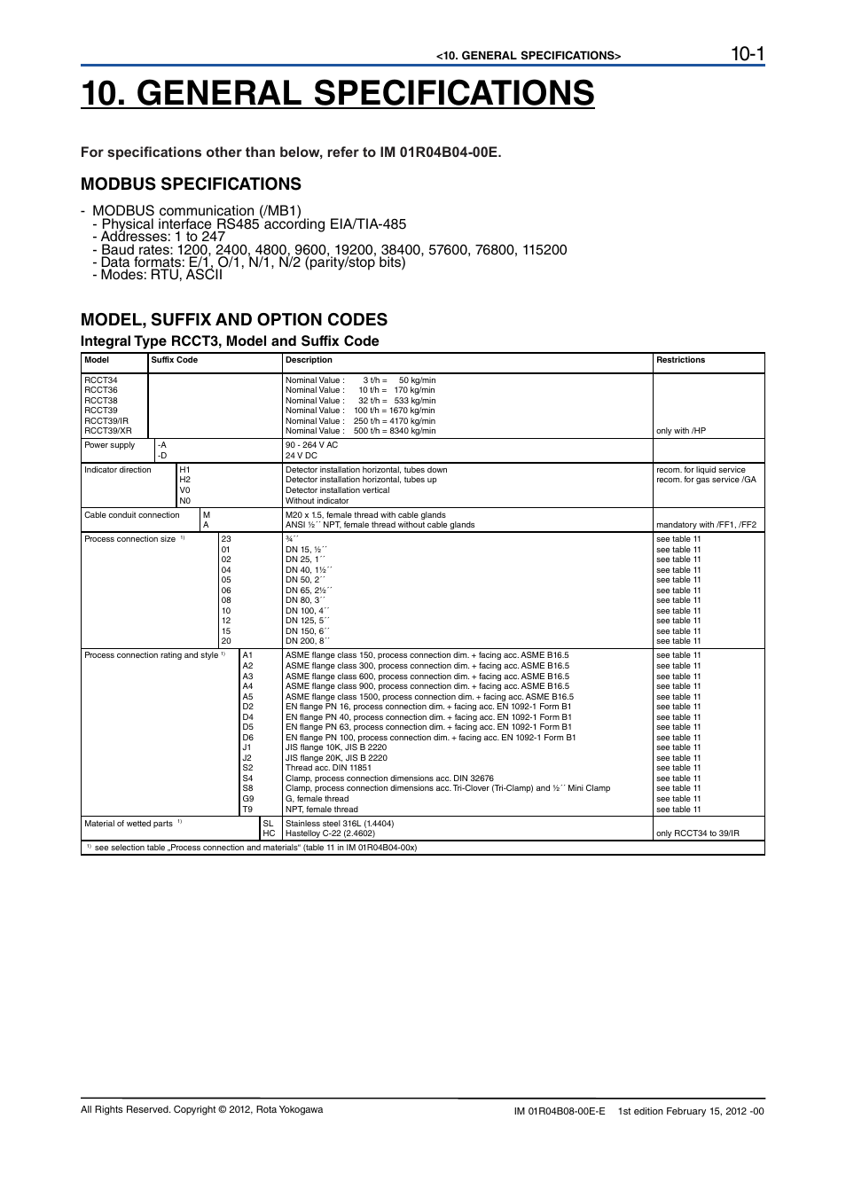 General specifications, General specifications -1, Modbus specifications | Model, suffix and option codes, Integral type rcct3, model and suffix code | Yokogawa RotaMASS 3-Series User Manual | Page 71 / 76