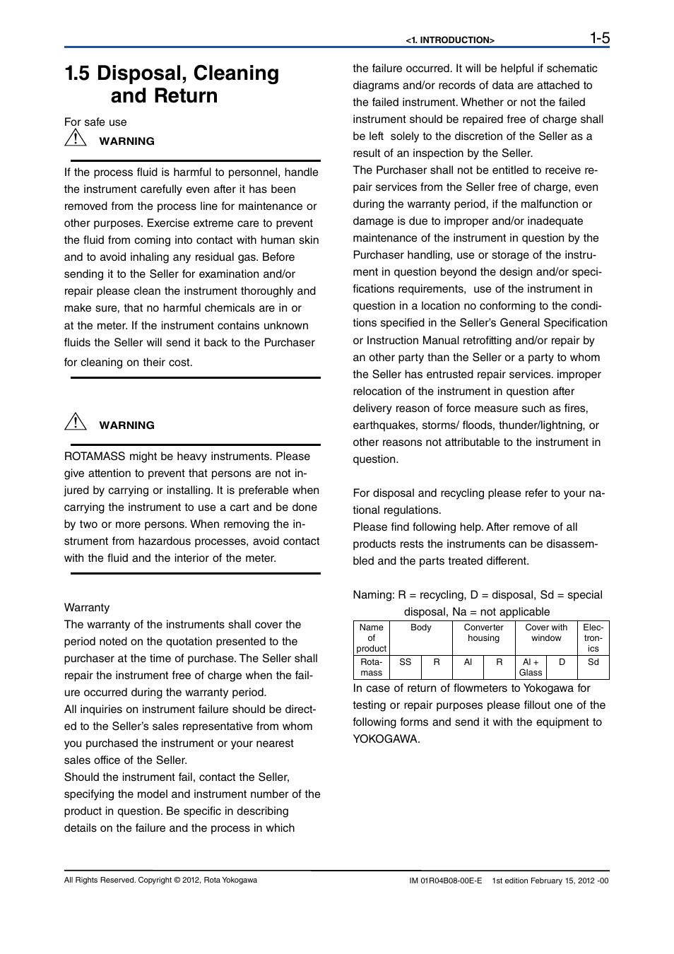 5 disposal, cleaning and return, 5 disposal, cleaning and return -5 | Yokogawa RotaMASS 3-Series User Manual | Page 9 / 76