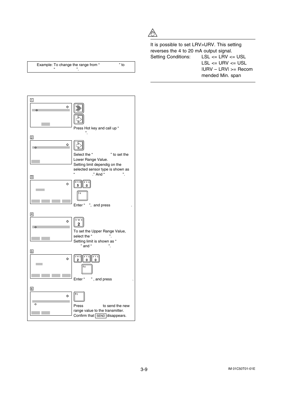 4 pv range, Pv range -9, 1) changing the range with keypad – lrv, urv | Yokogawa Wireless Temperature Transmitter YTA510 User Manual | Page 22 / 42