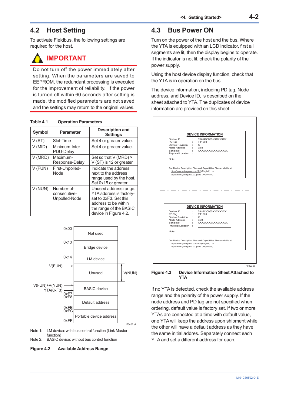 2 host setting, 3 bus power on, Host setting -2 | Bus power on -2, Important | Yokogawa Wireless Temperature Transmitter YTA510 User Manual | Page 12 / 97