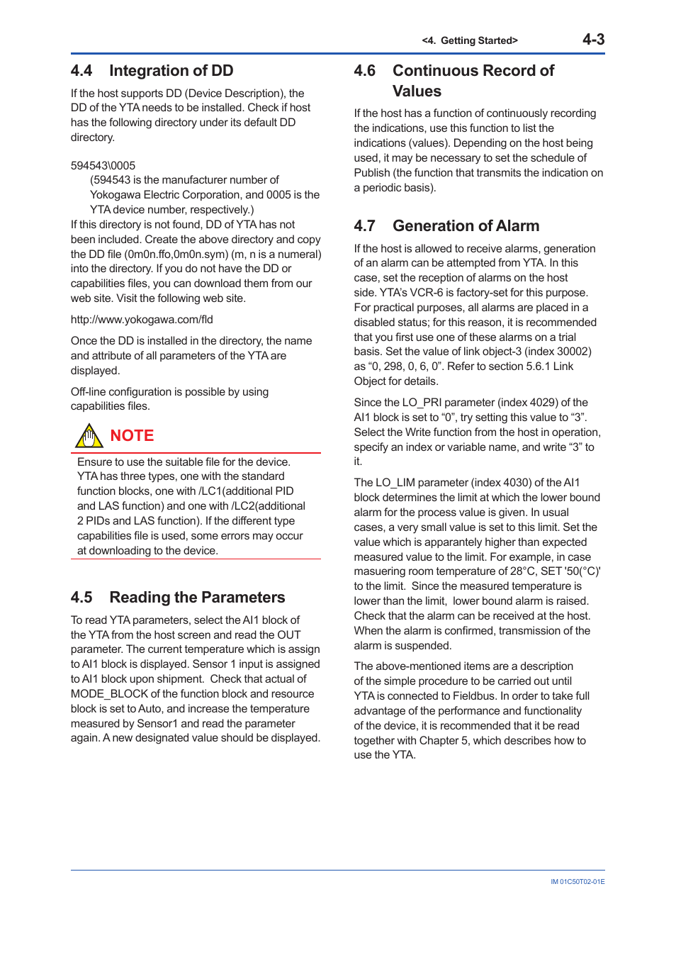 4 integration of dd, 5 reading the parameters, 6 continuous record of values | 7 generation of alarm, Integration of dd -3, Reading the parameters -3, Continuous record of values -3, Generation of alarm -3 | Yokogawa Wireless Temperature Transmitter YTA510 User Manual | Page 13 / 97