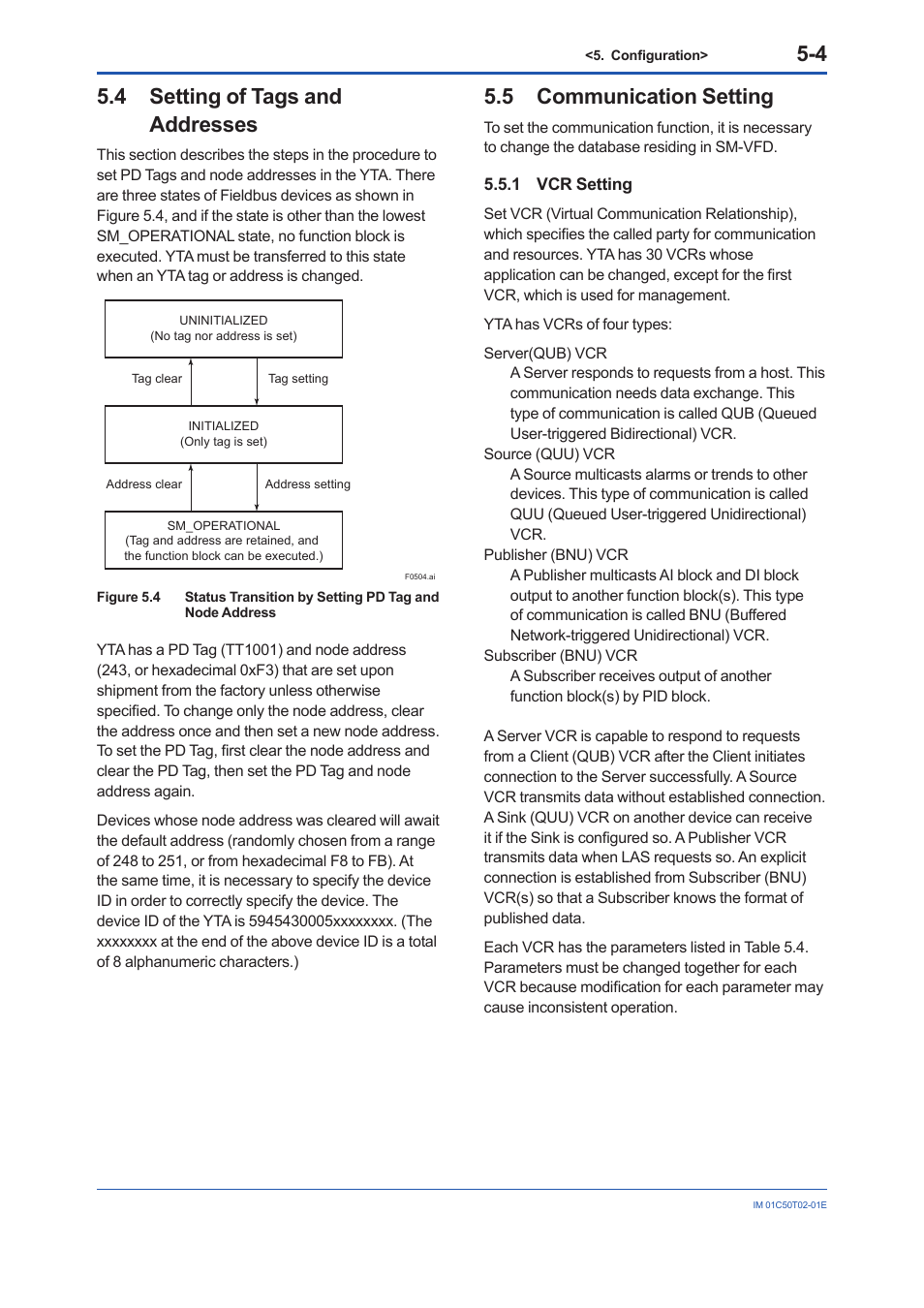 4 setting of tags and addresses, 5 communication setting, 1 vcr setting | Setting of tags and, Addresses -4, Communication setting -4 5.5.1, Vcr setting -4 | Yokogawa Wireless Temperature Transmitter YTA510 User Manual | Page 17 / 97
