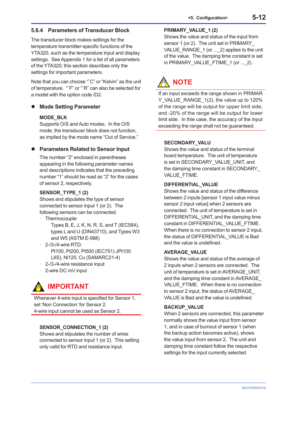 4 parameters of transducer block, Parameters of transducer block -12, Important | Yokogawa Wireless Temperature Transmitter YTA510 User Manual | Page 25 / 97