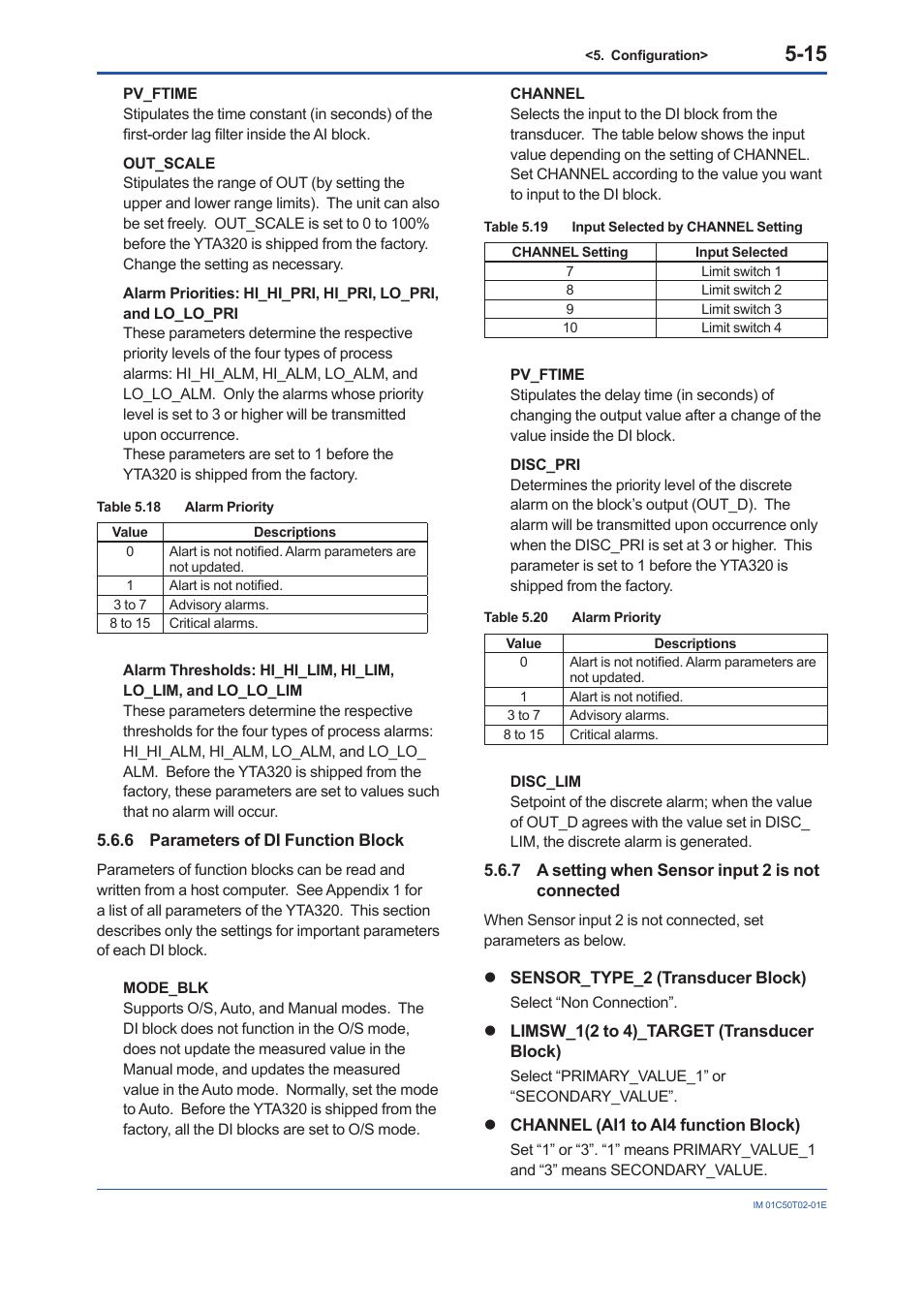 6 parameters of di function block, 7 a setting when sensor input 2 is not connected, Parameters of di function block -15 | A setting when sensor input 2 is not connected -15 | Yokogawa Wireless Temperature Transmitter YTA510 User Manual | Page 28 / 97