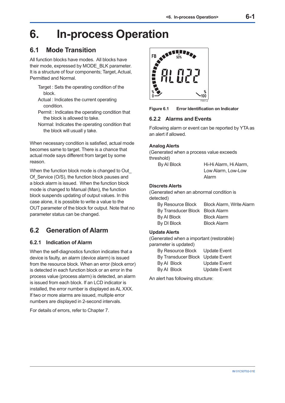 In-process operation, 1 mode transition, 2 generation of alarm | 1 indication of alarm, 2 alarms and events, In-process operation -1, Mode transition -1, Generation of alarm -1 6.2.1, Indication of alarm -1, Alarms and events -1 | Yokogawa Wireless Temperature Transmitter YTA510 User Manual | Page 29 / 97