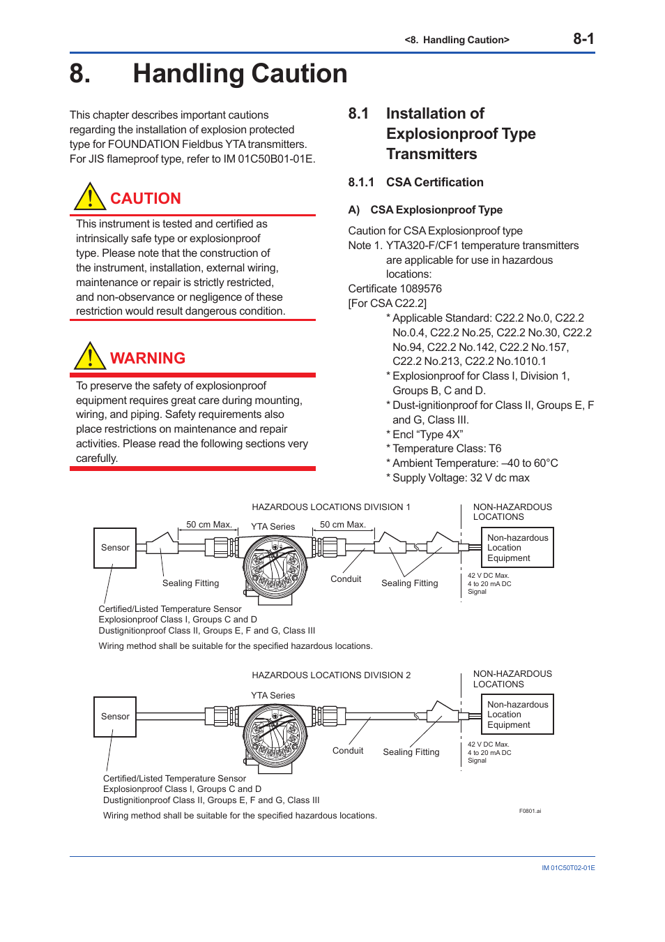 Handling caution, 1 installation of explosionproof type transmitters, 1 csa certification | Handling caution -1, Csa certification -1, Caution, Warning | Yokogawa Wireless Temperature Transmitter YTA510 User Manual | Page 41 / 97