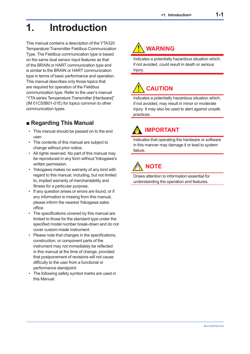 Introduction, Regarding this manual, Introduction -1 | Regarding this manual -1, Warning, Caution, Important | Yokogawa Wireless Temperature Transmitter YTA510 User Manual | Page 5 / 97