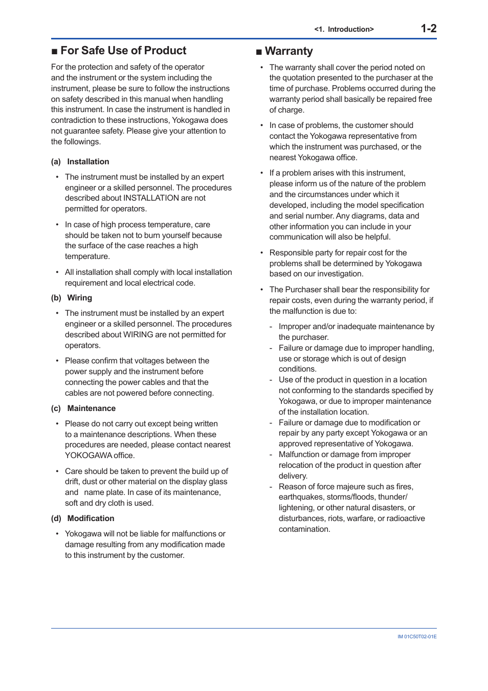 For safe use of product, Warranty, For safe use of product -2 ■ warranty -2 | Yokogawa Wireless Temperature Transmitter YTA510 User Manual | Page 6 / 97