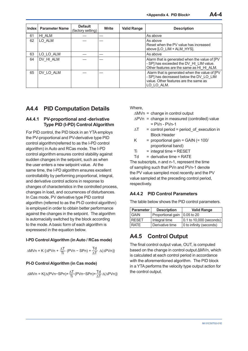 A4.4 pid computation details, A4.4.2 pid control parameters, A4.5 control output | A4.4, A4.4.2, A4.5, A4-4 | Yokogawa Wireless Temperature Transmitter YTA510 User Manual | Page 80 / 97