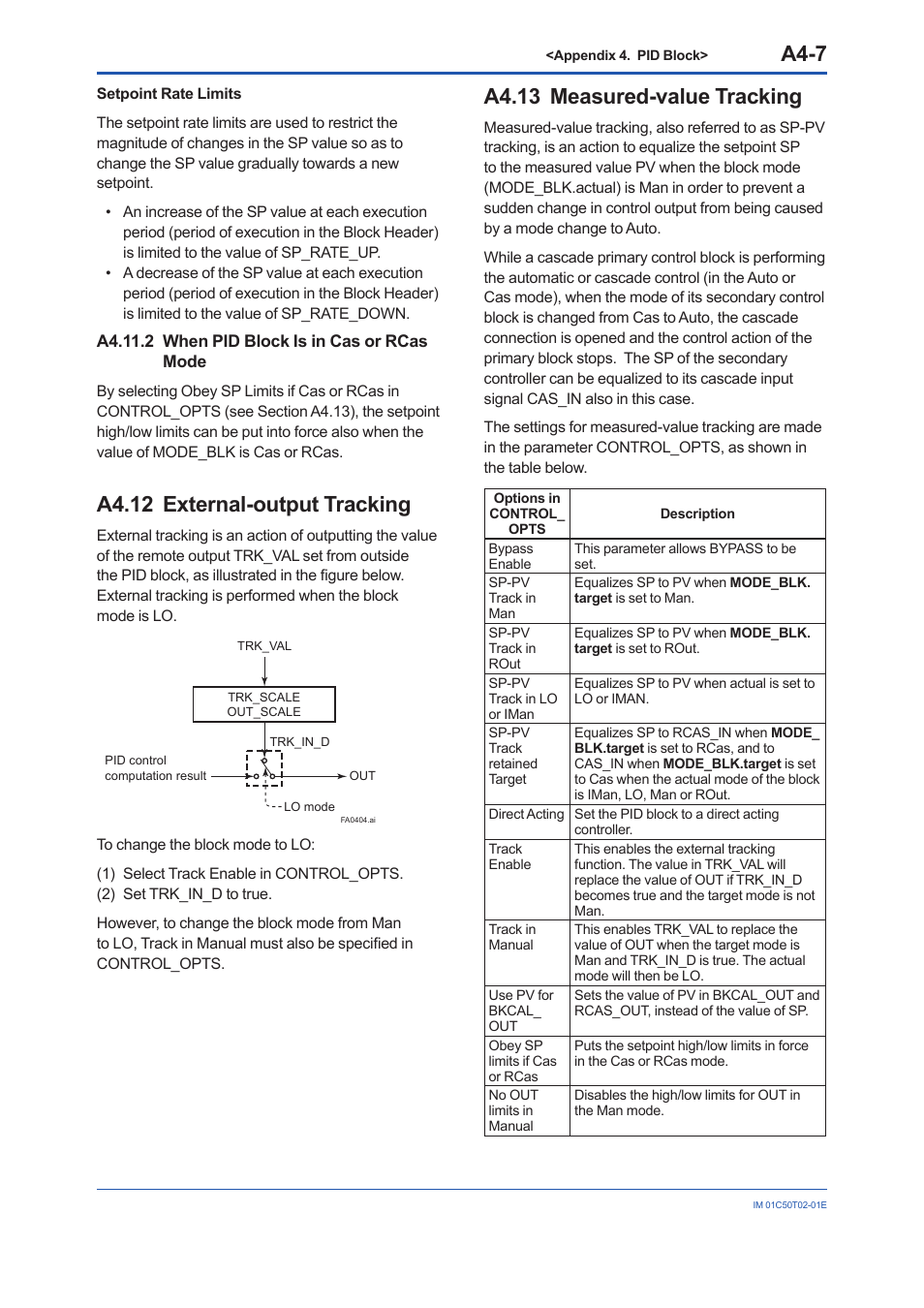 A4.11.2 when pid block is in cas or rcas mode, A4.12 external-output tracking, A4.13 measured-value tracking | A4-7 | Yokogawa Wireless Temperature Transmitter YTA510 User Manual | Page 83 / 97