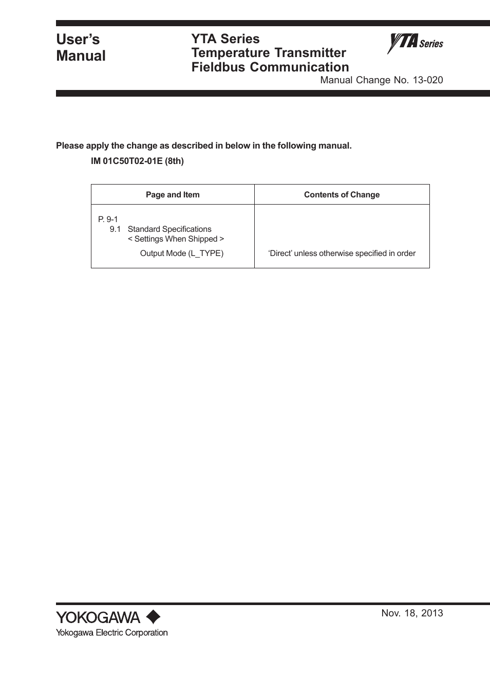 Yokogawa Wireless Temperature Transmitter YTA510 User Manual | 1 page