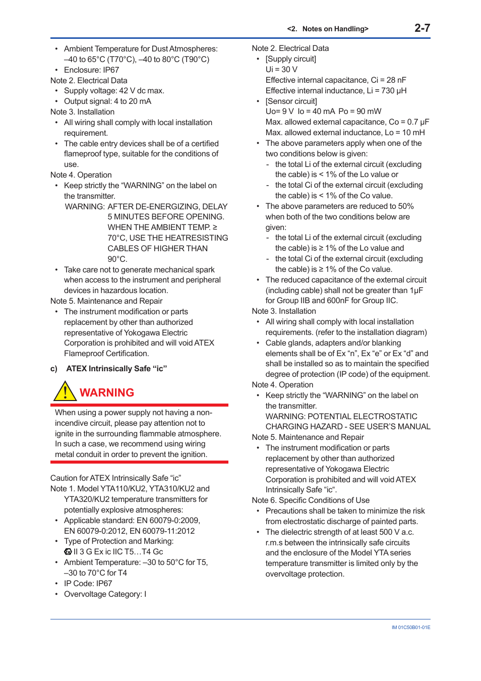 Warning | Yokogawa YTA320 User Manual | Page 13 / 47