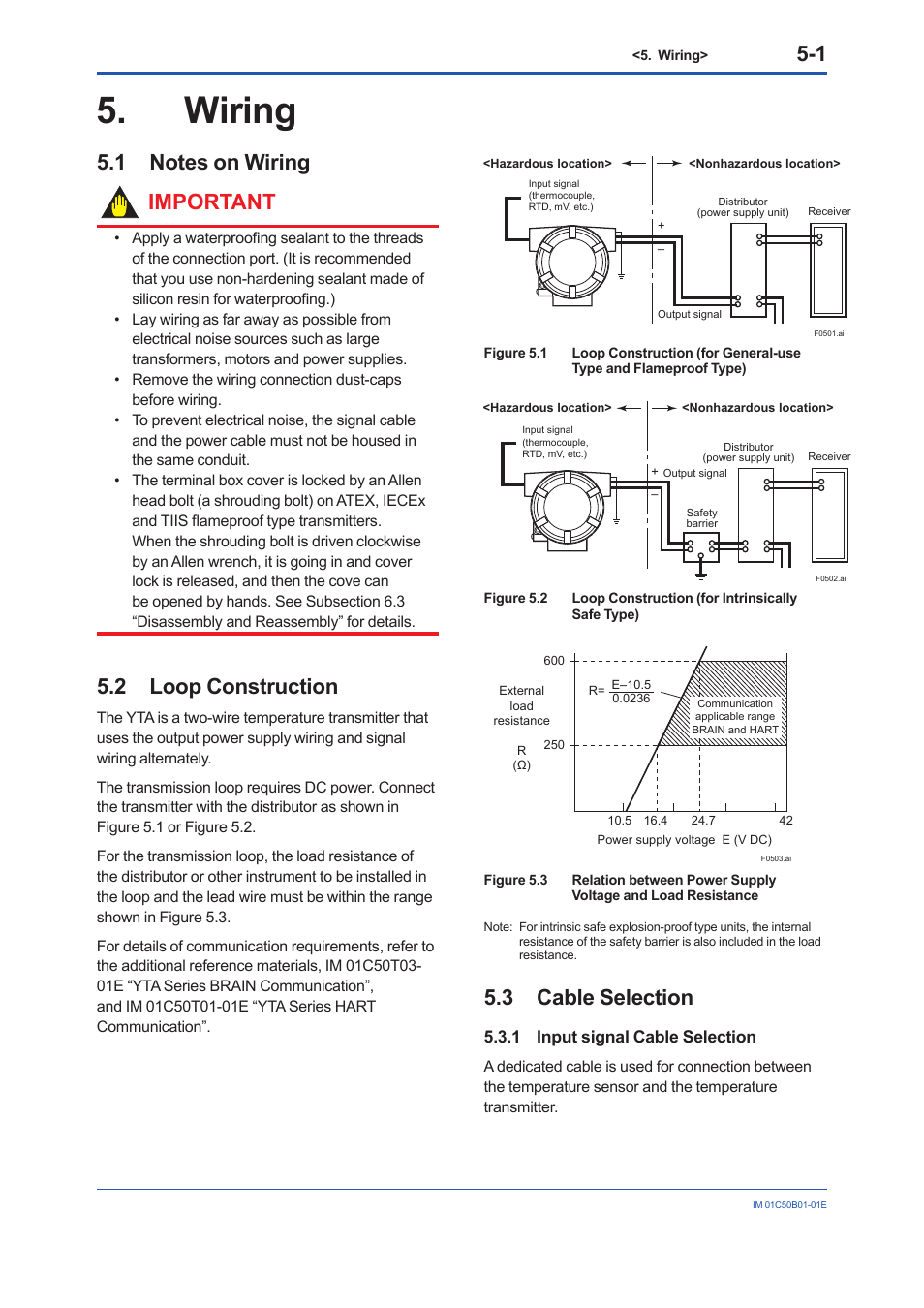 Wiring, 1 notes on wiring, 2 loop construction | 3 cable selection, 1 input signal cable selection, Notes on wiring, Loop construction, Cable selection - 5.3.1, Input signal cable selection -1 | Yokogawa YTA320 User Manual | Page 24 / 47