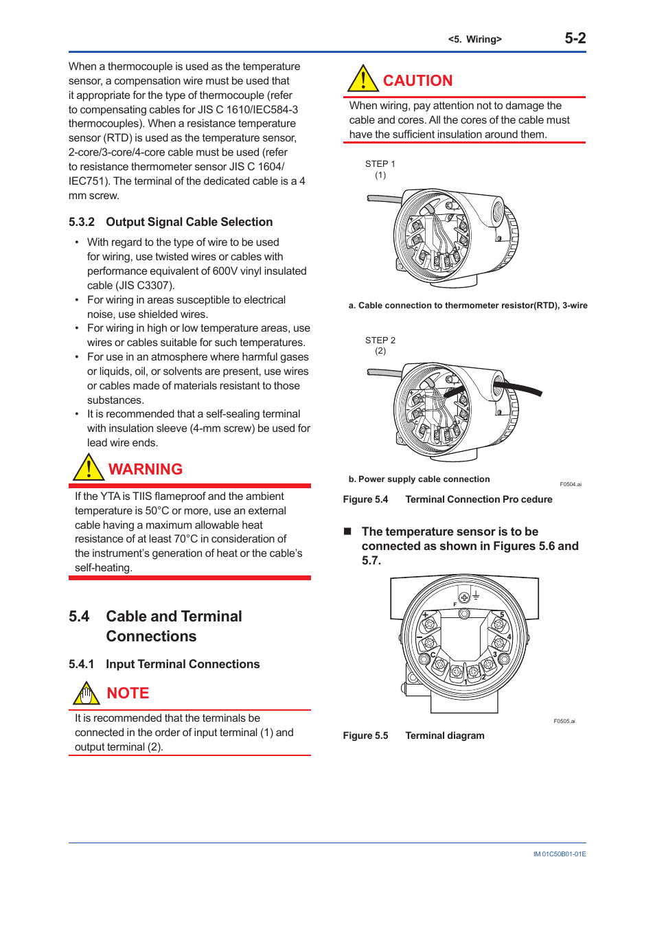 2 output signal cable selection, 4 cable and terminal connections, 1 input terminal connections | Output signal cable selection -2, Cable and terminal connections -2 5.4.1, Input terminal connections -2, Warning, Caution | Yokogawa YTA320 User Manual | Page 25 / 47