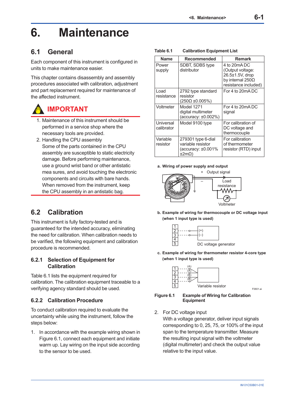 Maintenance, 1 general, 2 calibration | 1 selection of equipment for calibration, 2 calibration procedure, General, Calibration - 6.2.1, Selection of equipment for calibration -1, Calibration procedure -1,  general | Yokogawa YTA320 User Manual | Page 29 / 47