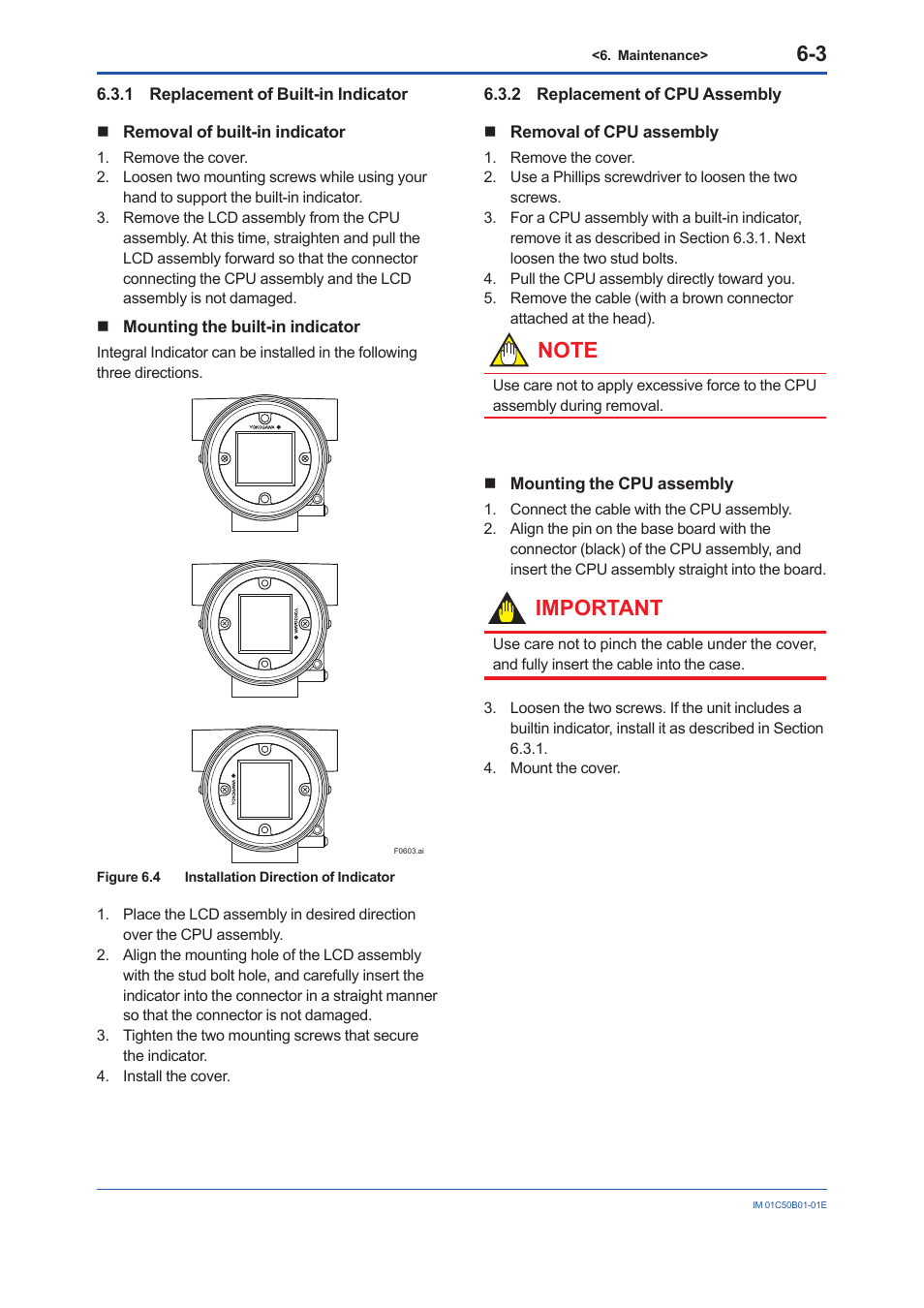 1 replacement of built-in indicator, 2 replacement of cpu assembly, Replacement of built-in indicator -3 | Replacement of cpu assembly -3, Important | Yokogawa YTA320 User Manual | Page 31 / 47