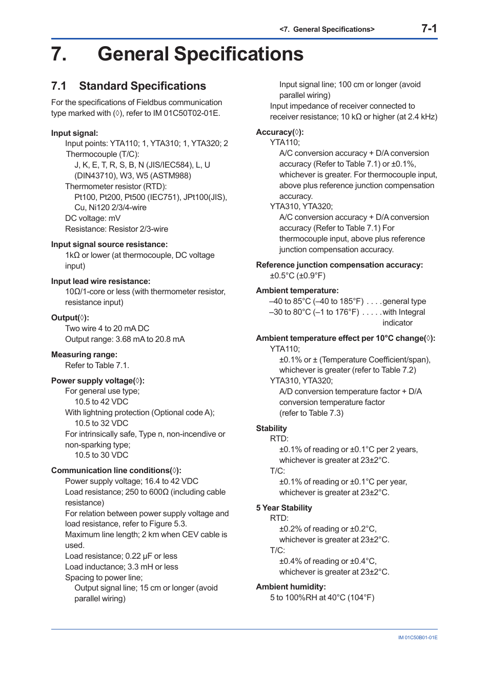 General specifications, 1 standard specifications, Standard specifications | Yokogawa YTA320 User Manual | Page 35 / 47