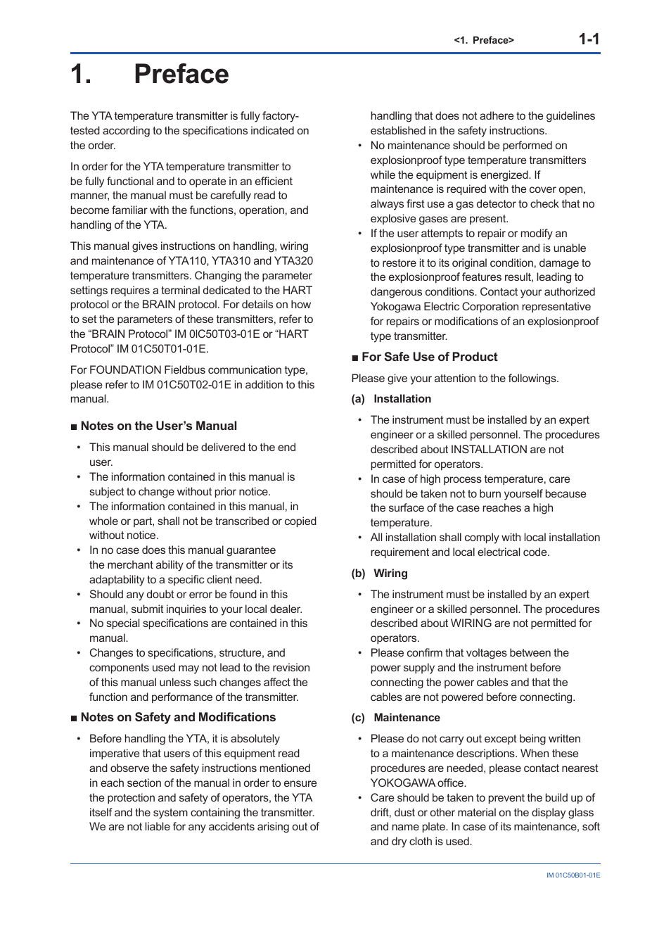 Preface, Notes on the user’s manual, Notes on safety and modifications | For safe use of product | Yokogawa YTA320 User Manual | Page 4 / 47