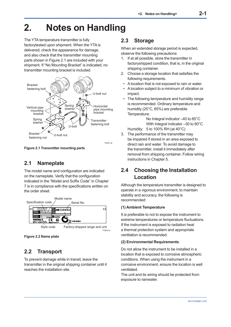 Notes on handling, 1 nameplate, 2 transport | 3 storage, 4 choosing the installation location, Nameplate, Transport, Storage, Choosing the installation location,  nameplate | Yokogawa YTA320 User Manual | Page 7 / 47