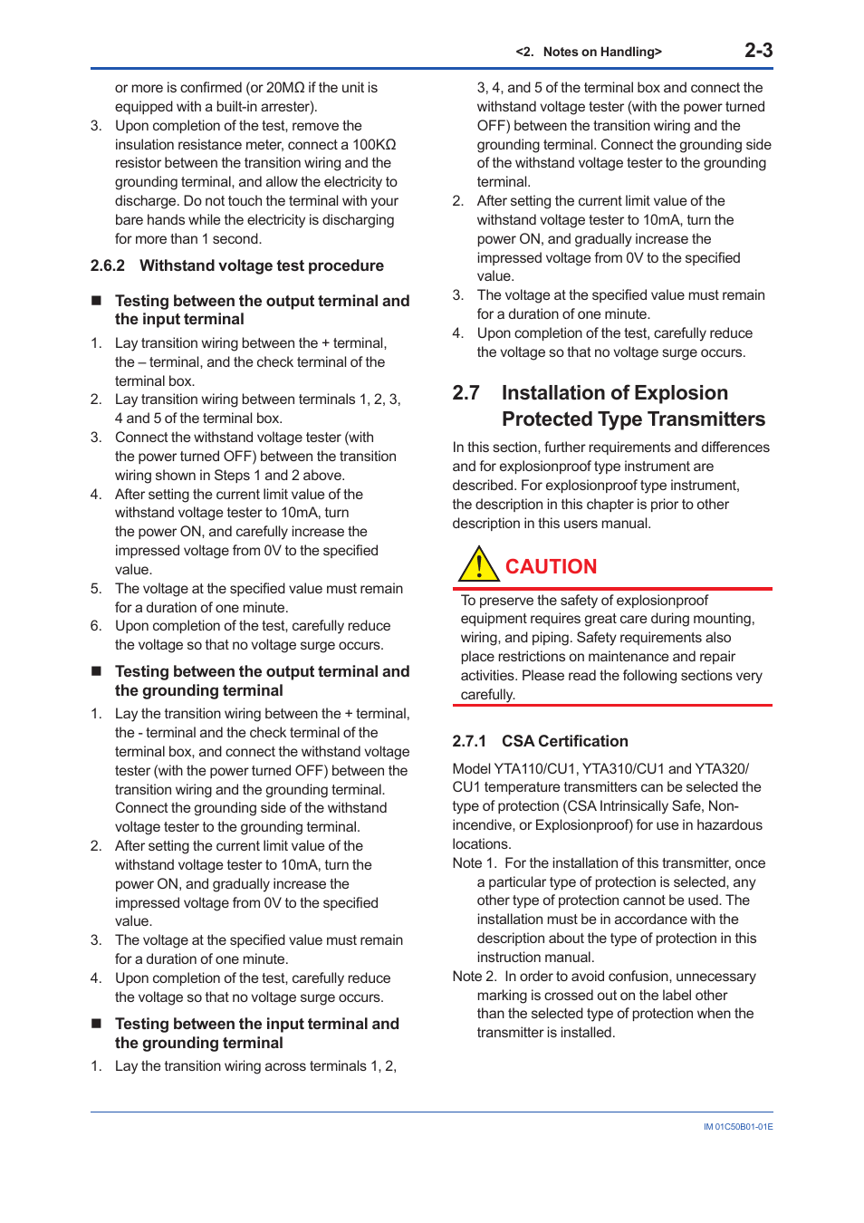 2 withstand voltage test procedure, 1 csa certification, Withstand voltage test procedure -3 | Csa certification -3, Caution | Yokogawa YTA320 User Manual | Page 9 / 47