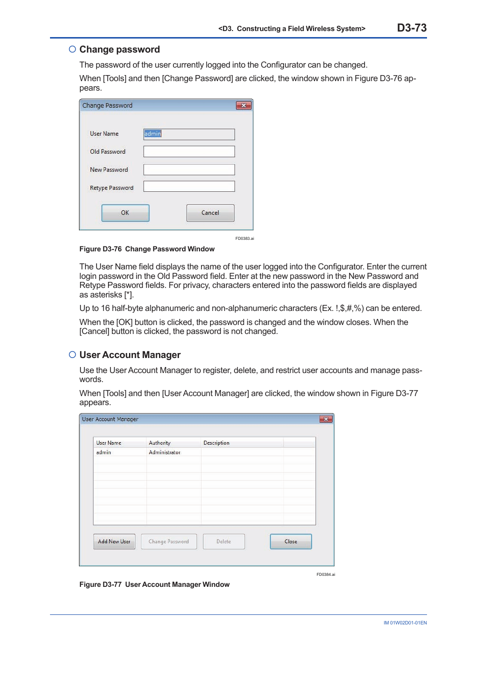 D3-73, Change password, User account manager | Yokogawa YFGW410 User Manual | Page 134 / 202