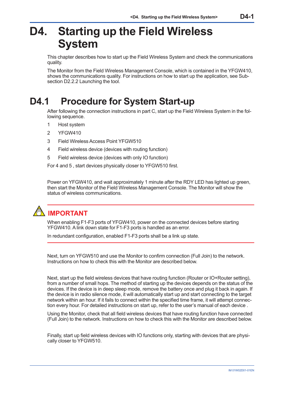 D4. starting up the field wireless system, D4.1 procedure for system start-up, D4.1 | D4-1, Important | Yokogawa YFGW410 User Manual | Page 138 / 202