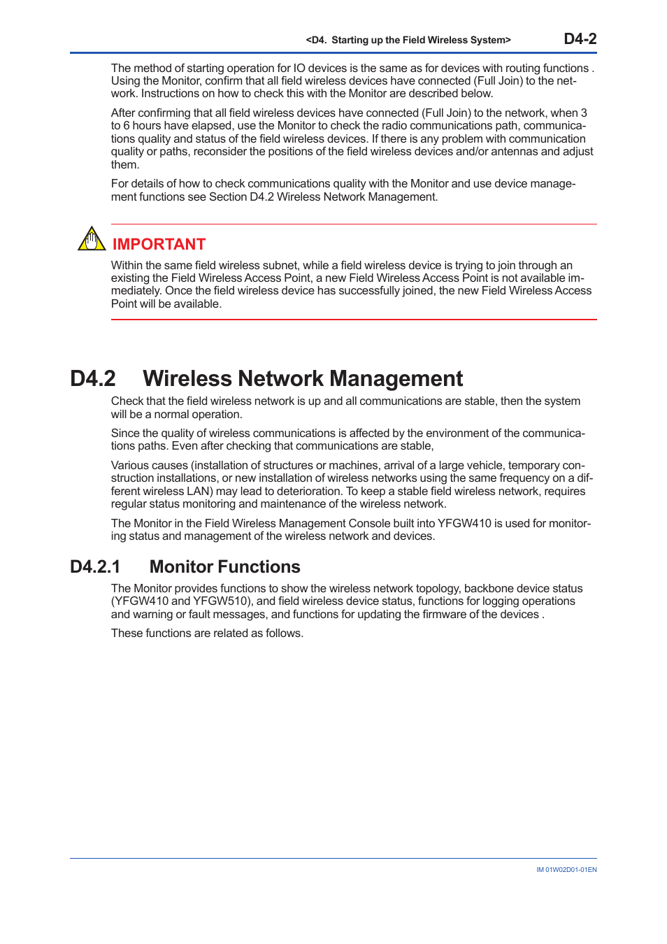 D4.2 wireless network management, D4.2.1 monitor functions, D4.2 | D4-2, Important | Yokogawa YFGW410 User Manual | Page 139 / 202