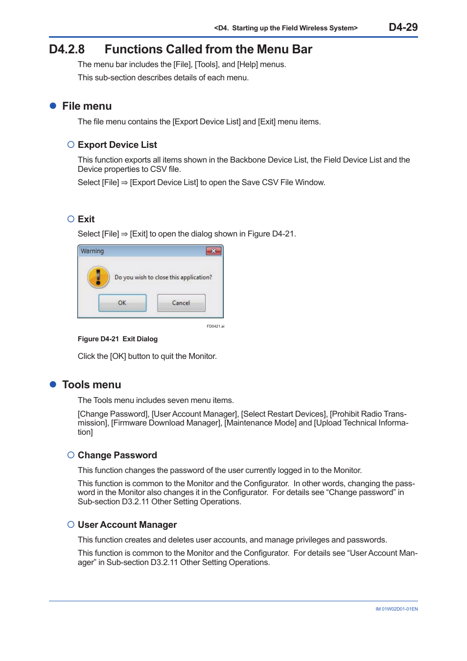 D4.2.8 functions called from the menu bar, D4.2.8, D4-29 | Lfile menu, Ltools menu | Yokogawa YFGW410 User Manual | Page 166 / 202