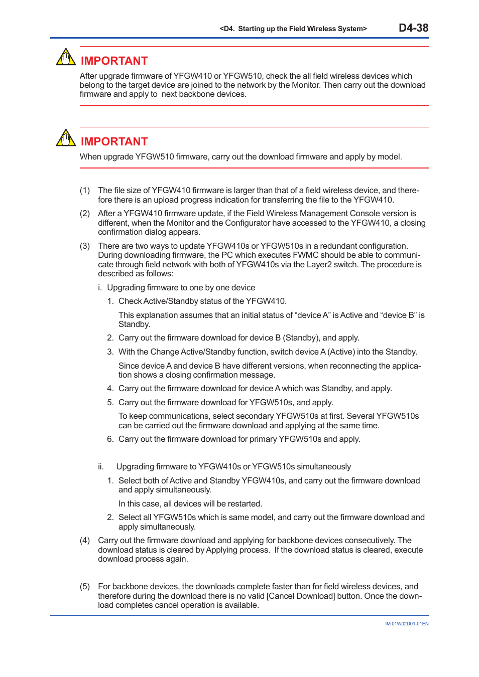 D4-38, Important | Yokogawa YFGW410 User Manual | Page 175 / 202