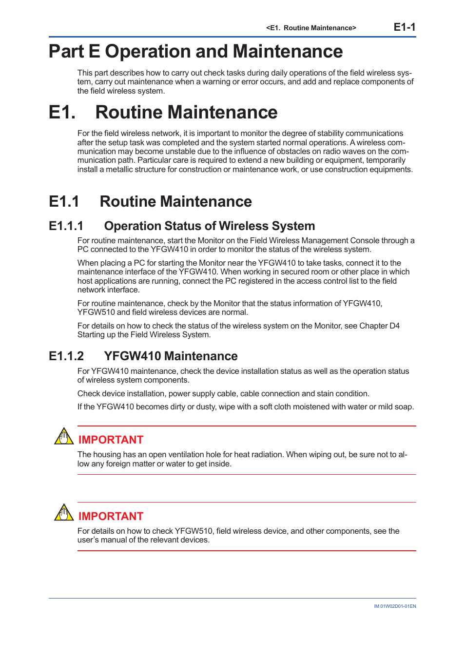 Part e operation and maintenance, E1. routine maintenance, E1.1 routine maintenance | E1.1.1 operation status of wireless system, E1.1.2 yfgw410 maintenance, E1.1, E1.1.2, E1-1, Important | Yokogawa YFGW410 User Manual | Page 178 / 202