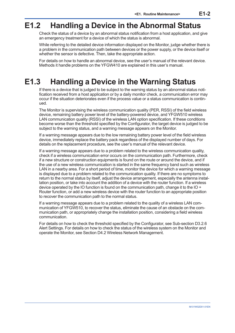 E1.2 handling a device in the abnormal status, E1.3 handling a device in the warning status, E1.2 | E1.3, E1-2 | Yokogawa YFGW410 User Manual | Page 179 / 202