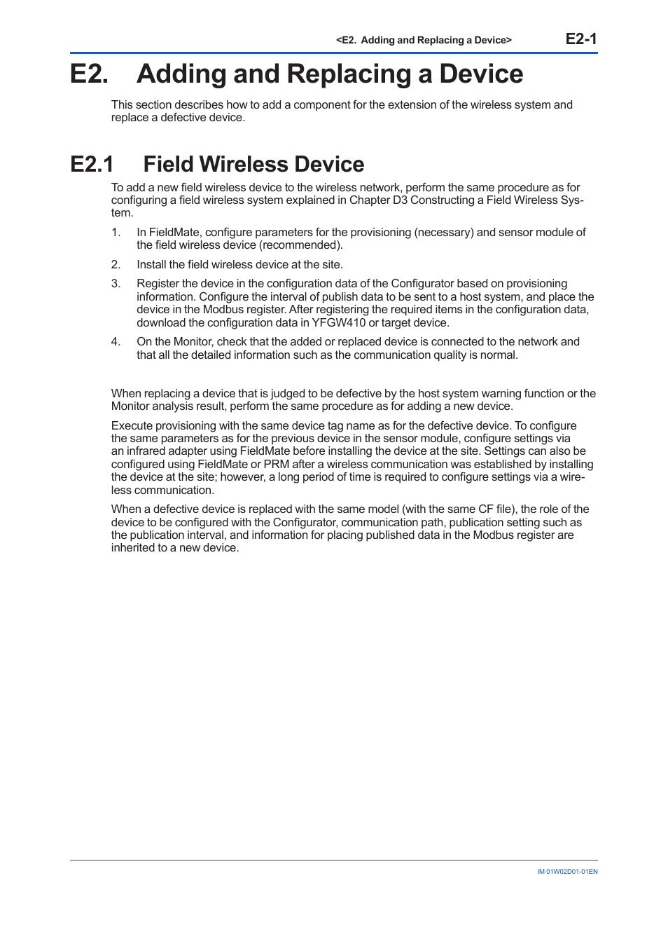 E2. adding and replacing a device, E2.1 field wireless device, E2.1 | E2-1 | Yokogawa YFGW410 User Manual | Page 180 / 202