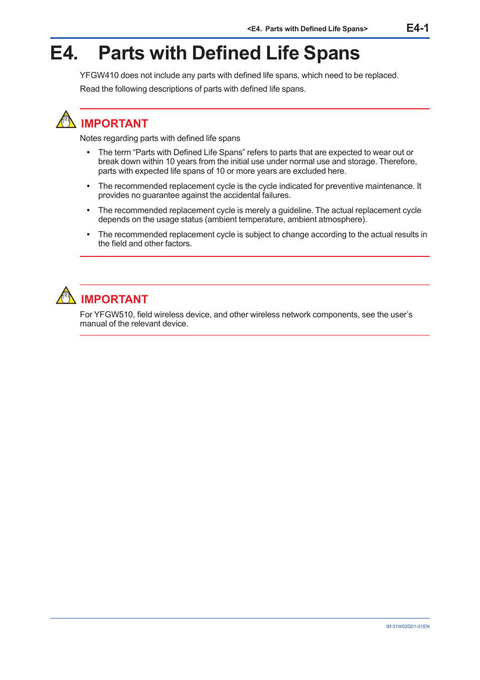 E4. parts with defined life spans, E4-1, Important | Yokogawa YFGW410 User Manual | Page 184 / 202