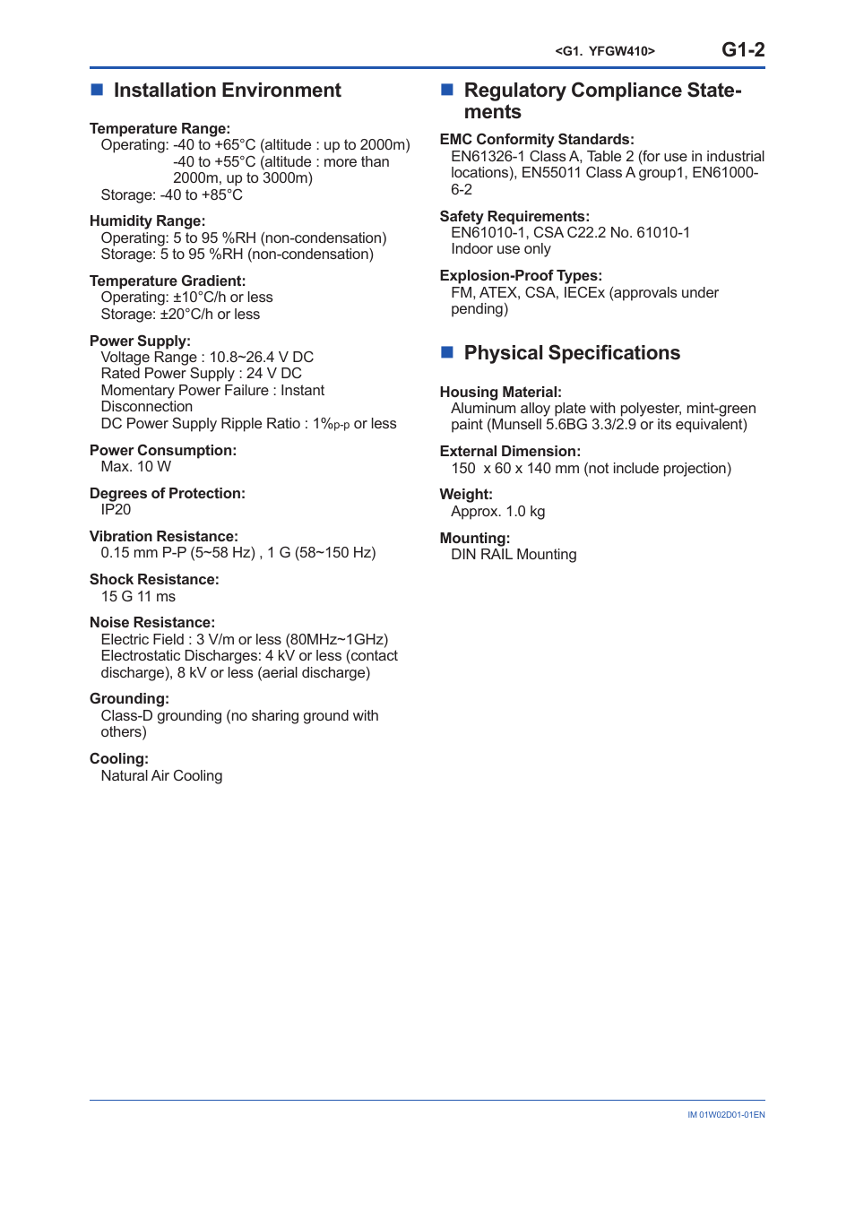 G1-2, Ninstallation environment, Nregulatory compliance state- ments | Nphysical specifications | Yokogawa YFGW410 User Manual | Page 191 / 202