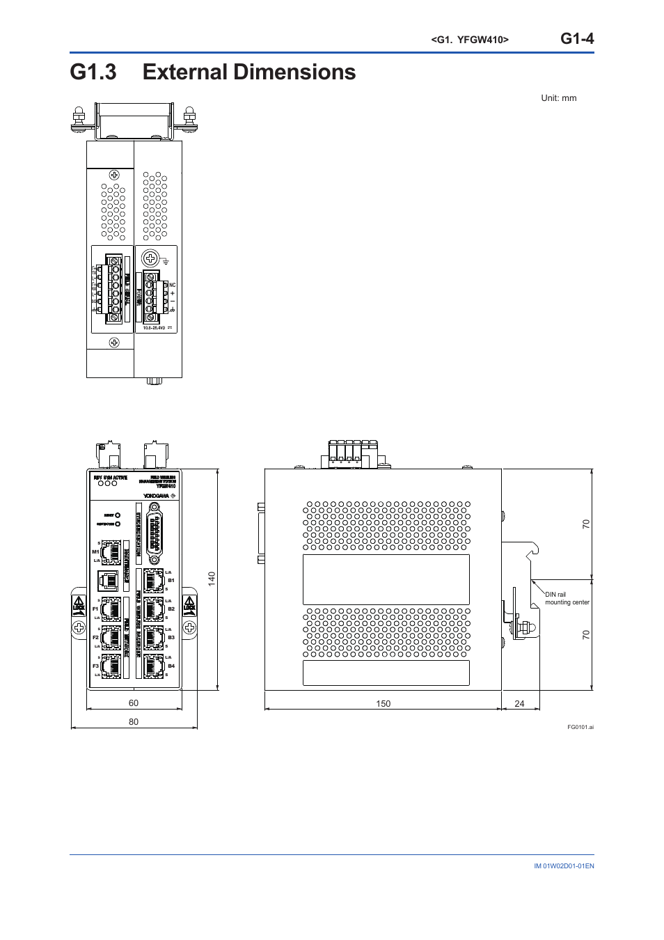 G1.3 external dimensions, G1.3, G1-4 | G1. yfgw410, Unit: mm | Yokogawa YFGW410 User Manual | Page 193 / 202