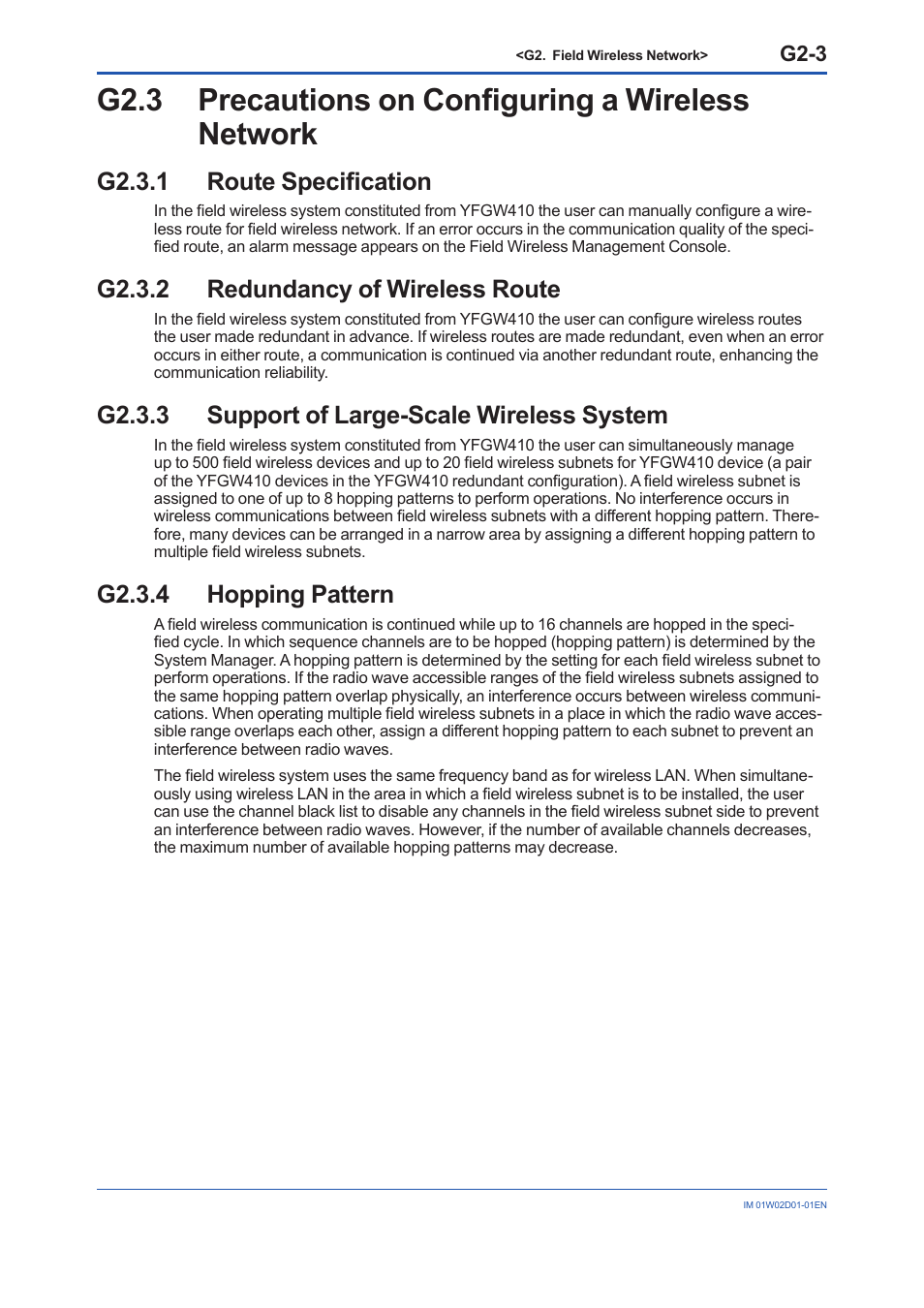 G2.3 precautions on configuring a wireless network, G2.3.1 route specification, G2.3.2 redundancy of wireless route | G2.3.3 support of large-scale wireless system, G2.3.4 hopping pattern, G2.3, G2.3.2, G2.3.3, G2.3.4, G2-3 | Yokogawa YFGW410 User Manual | Page 196 / 202