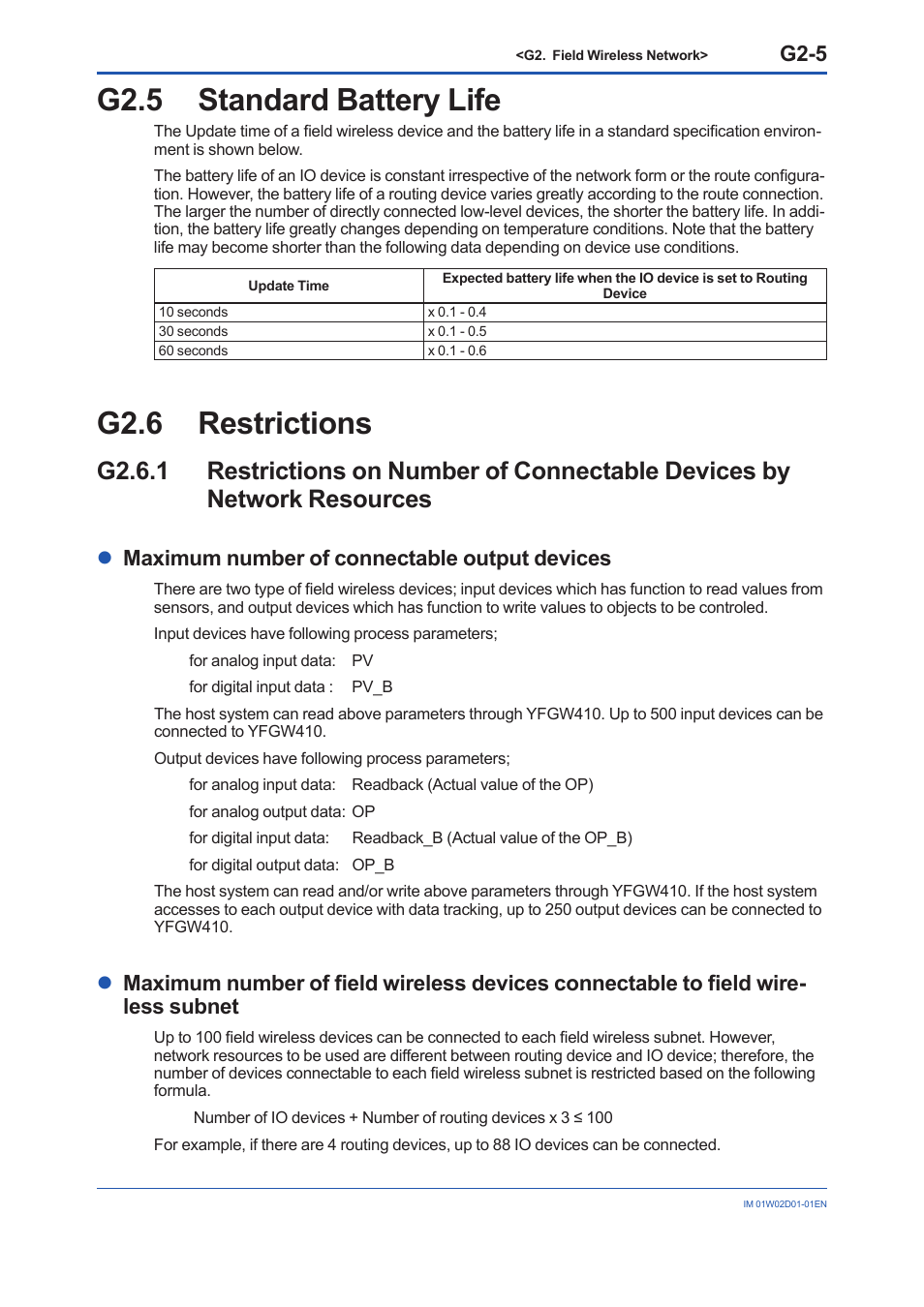 G2.5 standard battery life, G2.6 restrictions, G2.5 | G2.6, G2-5, Lmaximum number of connectable output devices | Yokogawa YFGW410 User Manual | Page 198 / 202