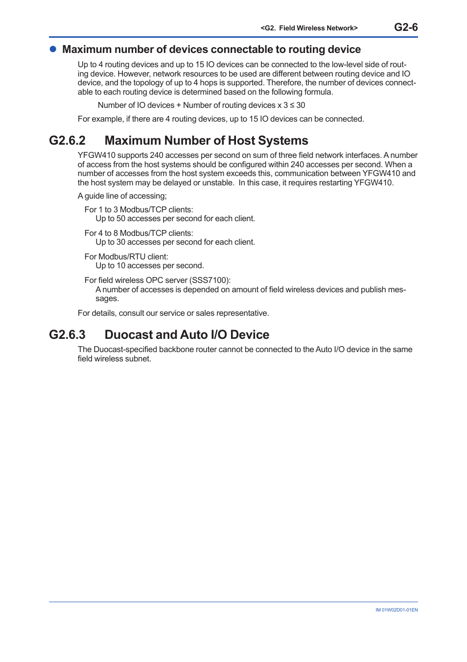 G2.6.2 maximum number of host systems, G2.6.3 duocast and auto i/o device, G2.6.2 | G2.6.3, G2-6 | Yokogawa YFGW410 User Manual | Page 199 / 202