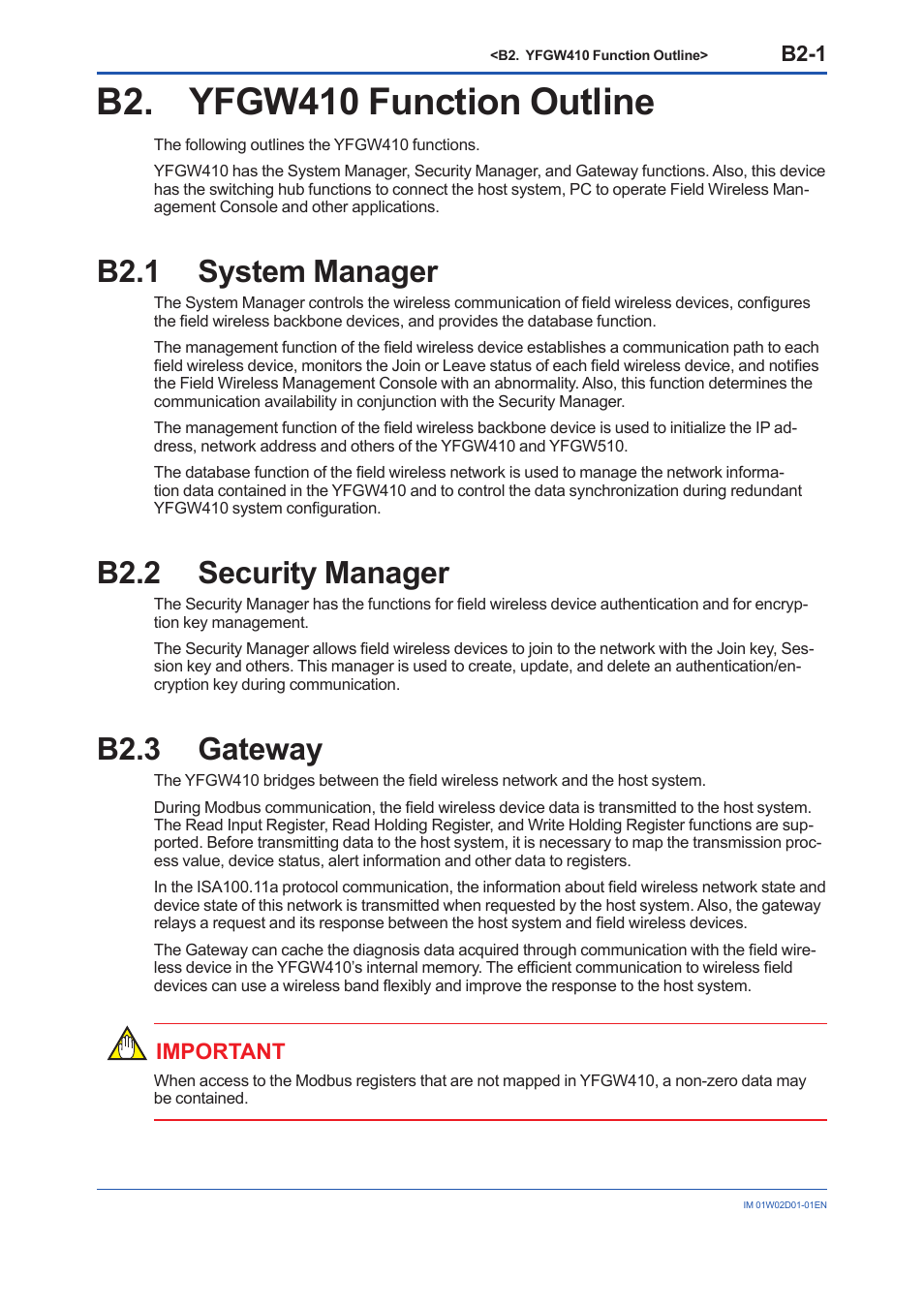 B2. yfgw410 function outline, B2.1 system manager, B2.2 security manager | B2.3 gateway, B2.1, B2.2, B2.3, B2-1, Important | Yokogawa YFGW410 User Manual | Page 24 / 202