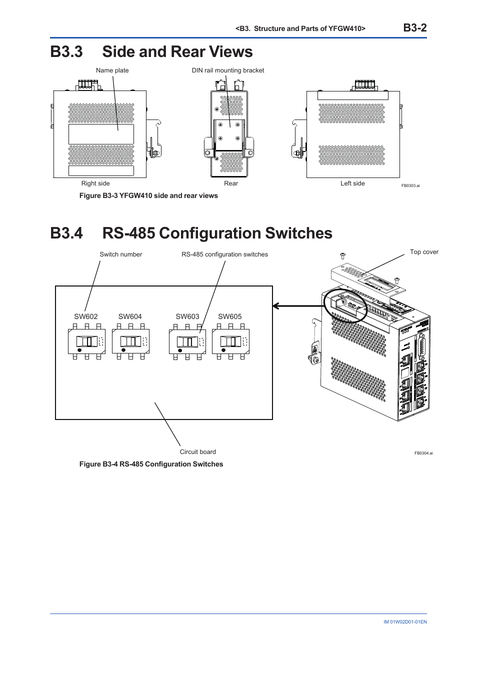 B3.3 side and rear views, B3.4 rs-485 configuration switches, B3.3 | B3.4, B3-2 | Yokogawa YFGW410 User Manual | Page 27 / 202