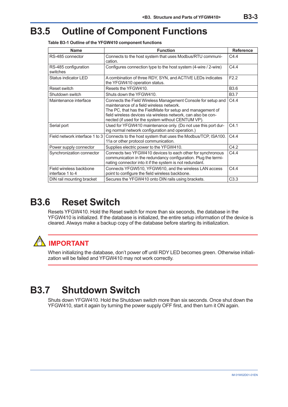 B3.5 outline of component functions, B3.6 reset switch, B3.7 shutdown switch | B3.5, B3.6, B3.7, B3-3, Important | Yokogawa YFGW410 User Manual | Page 28 / 202