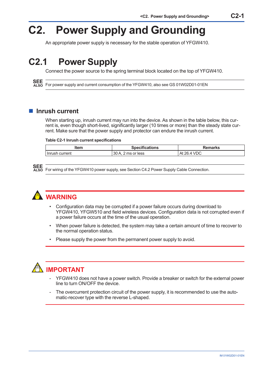 C2. power supply and grounding, C2.1 power supply, C2.1 | C2-1, Ninrush current, Warning, Important | Yokogawa YFGW410 User Manual | Page 33 / 202
