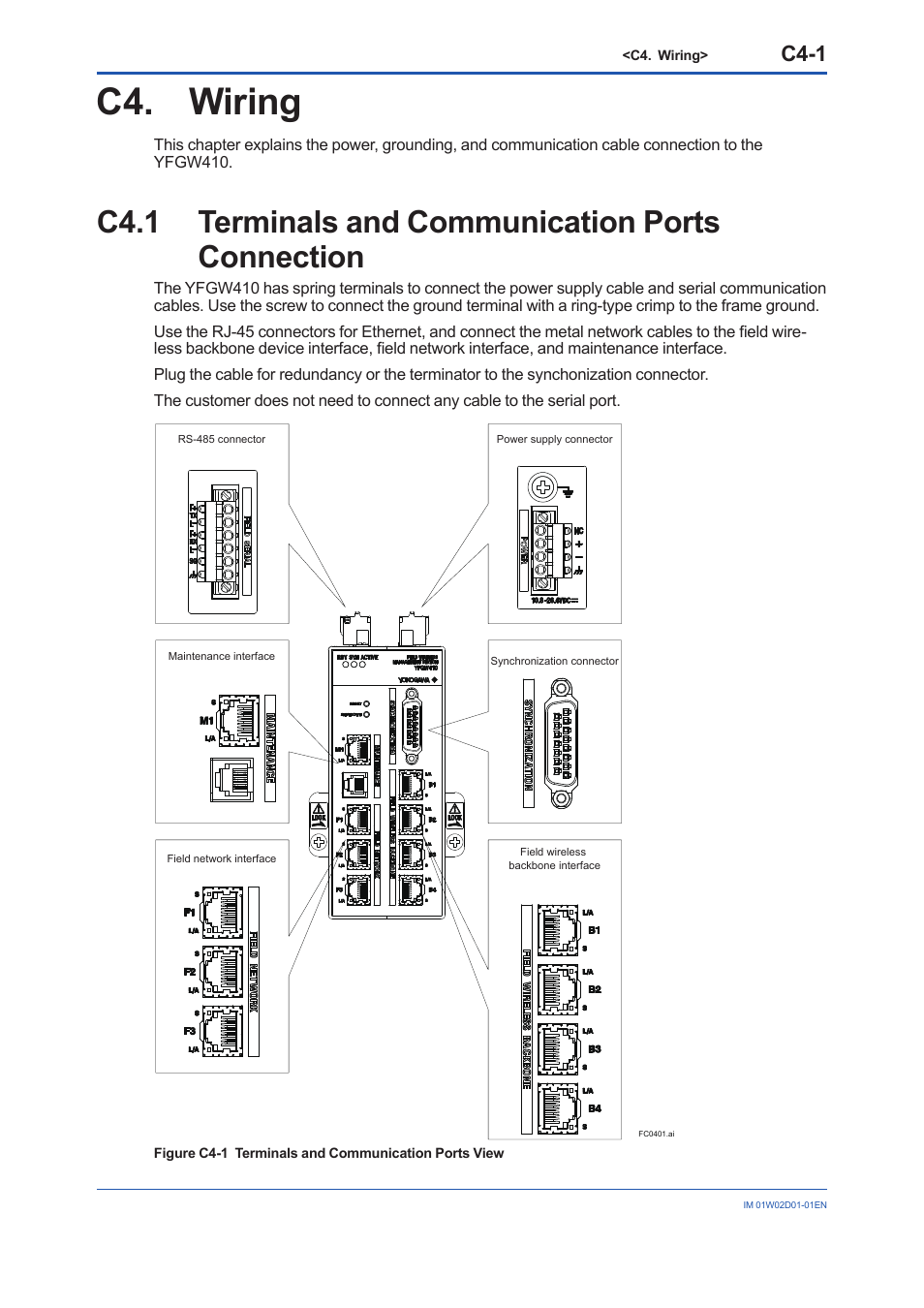 C4. wiring, C4.1 terminals and communication ports connection, C4.1 | C4-1 | Yokogawa YFGW410 User Manual | Page 39 / 202