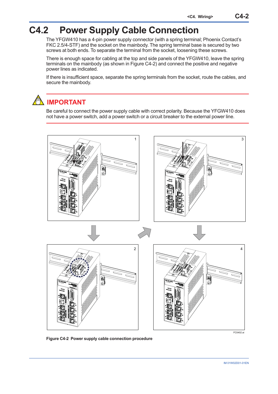 C4.2 power supply cable connection, C4.2, C4-2 | Important | Yokogawa YFGW410 User Manual | Page 40 / 202