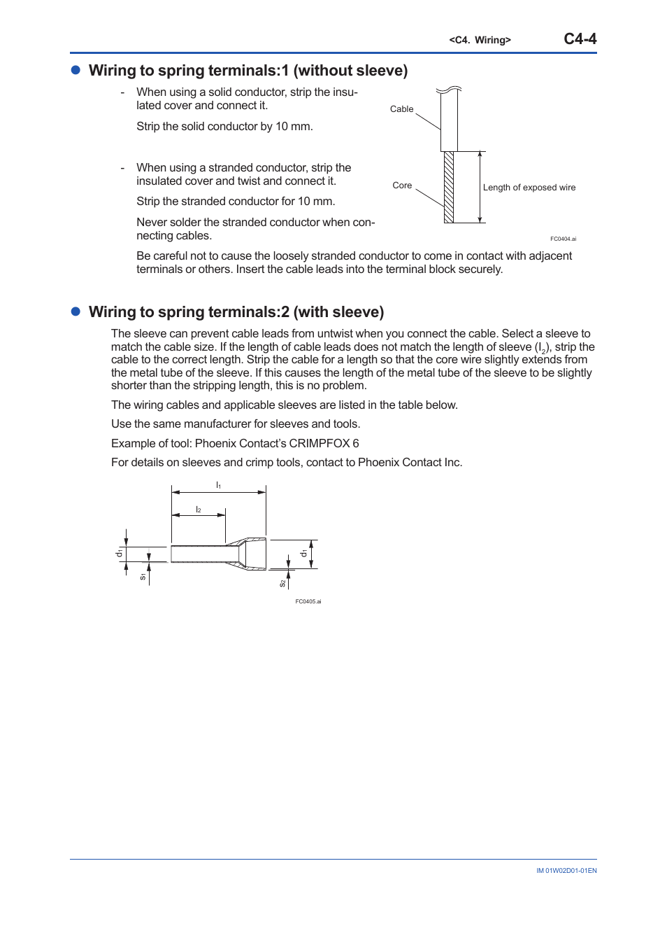 C4-4, Lwiring to spring terminals:1 (without sleeve), Lwiring to spring terminals:2 (with sleeve) | Yokogawa YFGW410 User Manual | Page 42 / 202